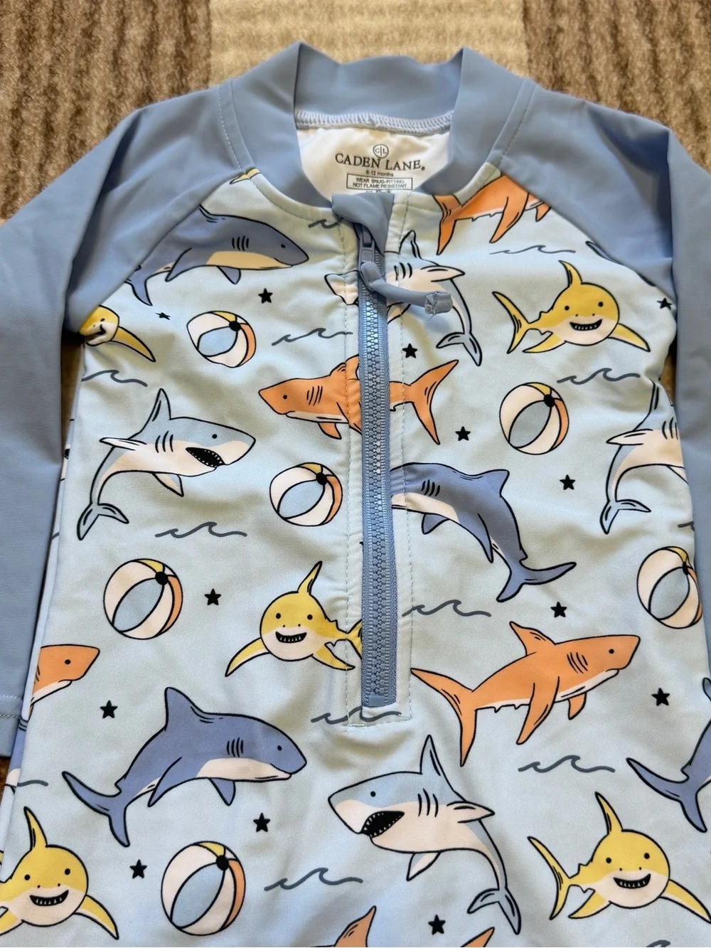 Caden Lane Rash Guard Swim Romper Shortie Size 6-12 months Boys Sharks Beach